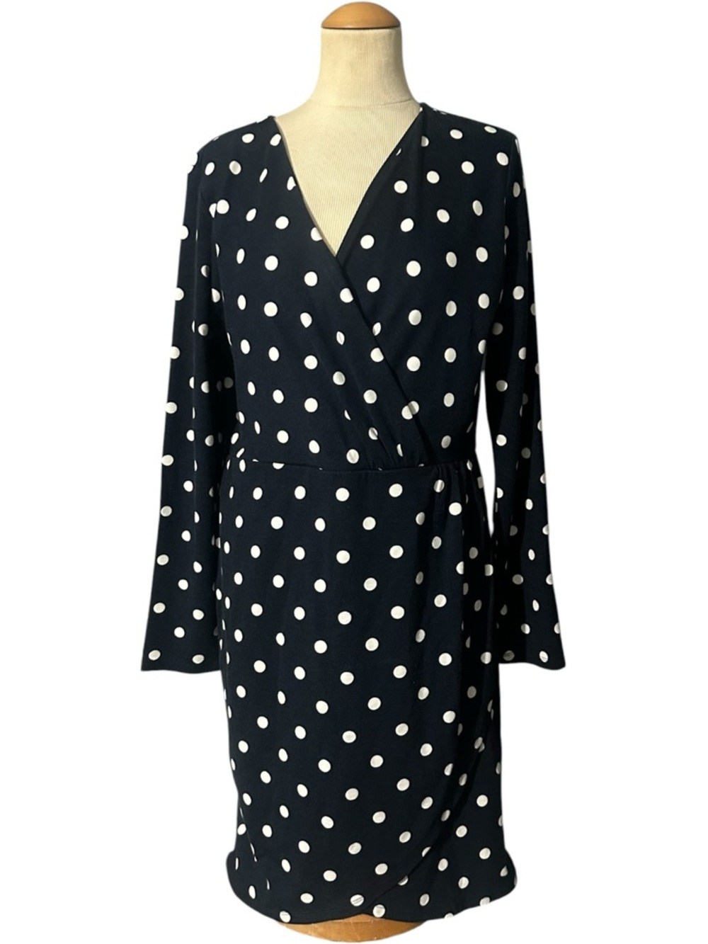 Loft Polka Dot Long Flare Sleeve Faux Wrap Dress NWT Navy White Size 14